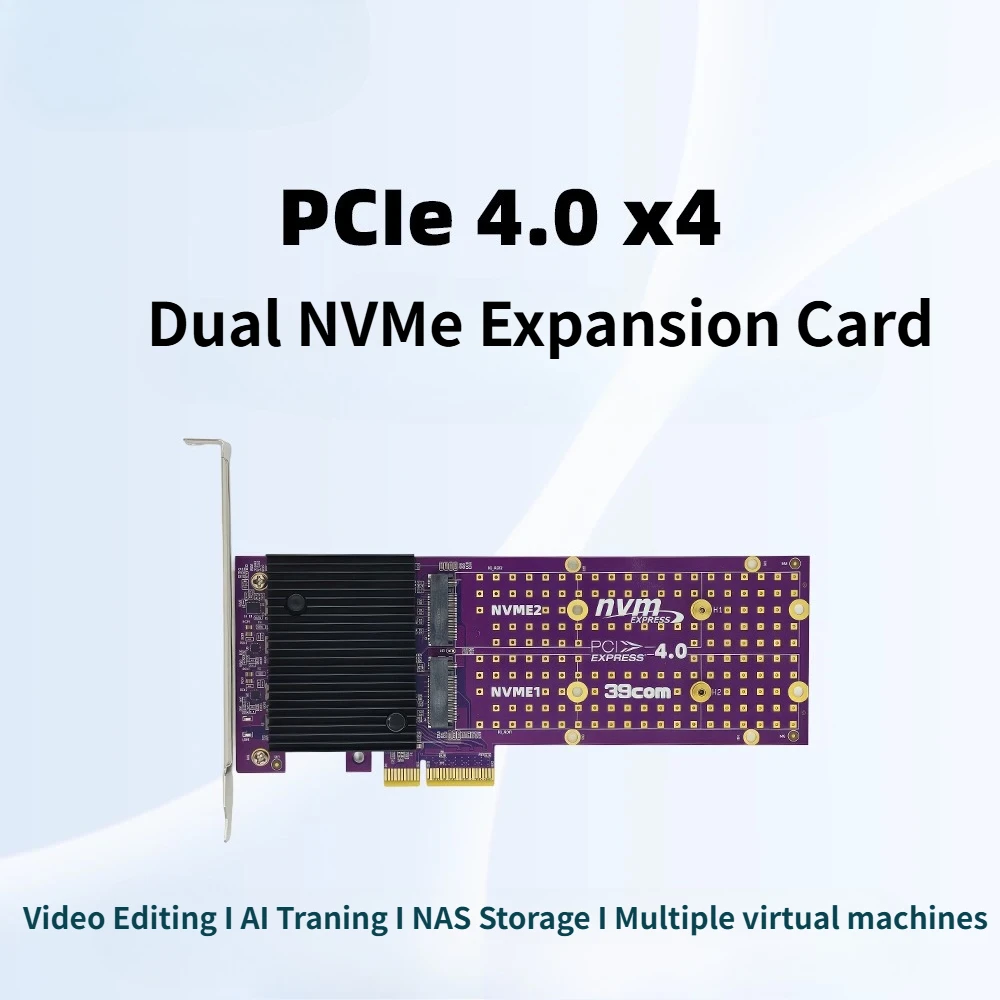 PCIe 4.0 x4 128GT/s Dual M.2 NVMe Expansion Card ASM B650 Chip Split-Free With Heatsink for 2 Slot 2242-22110 M2 SSD Motherboard