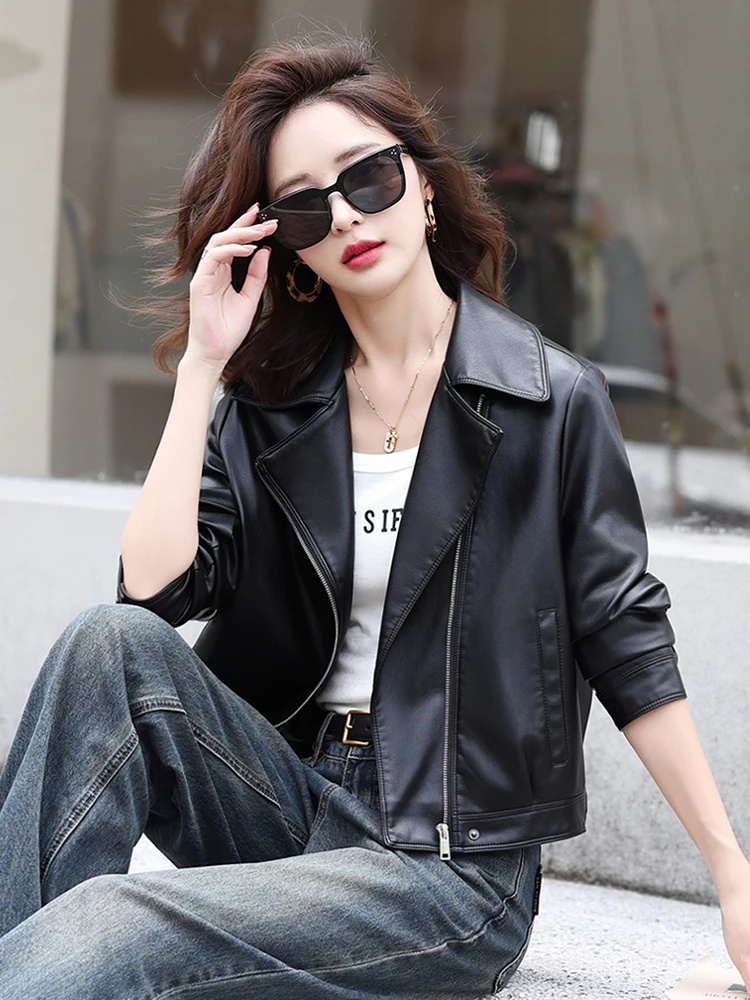 Giacca da donna in vera pelle di pecora, vestibilità ampia, stile biker, premium, con cerniera, per il pendolarismo, Collezione Autunno 2025
