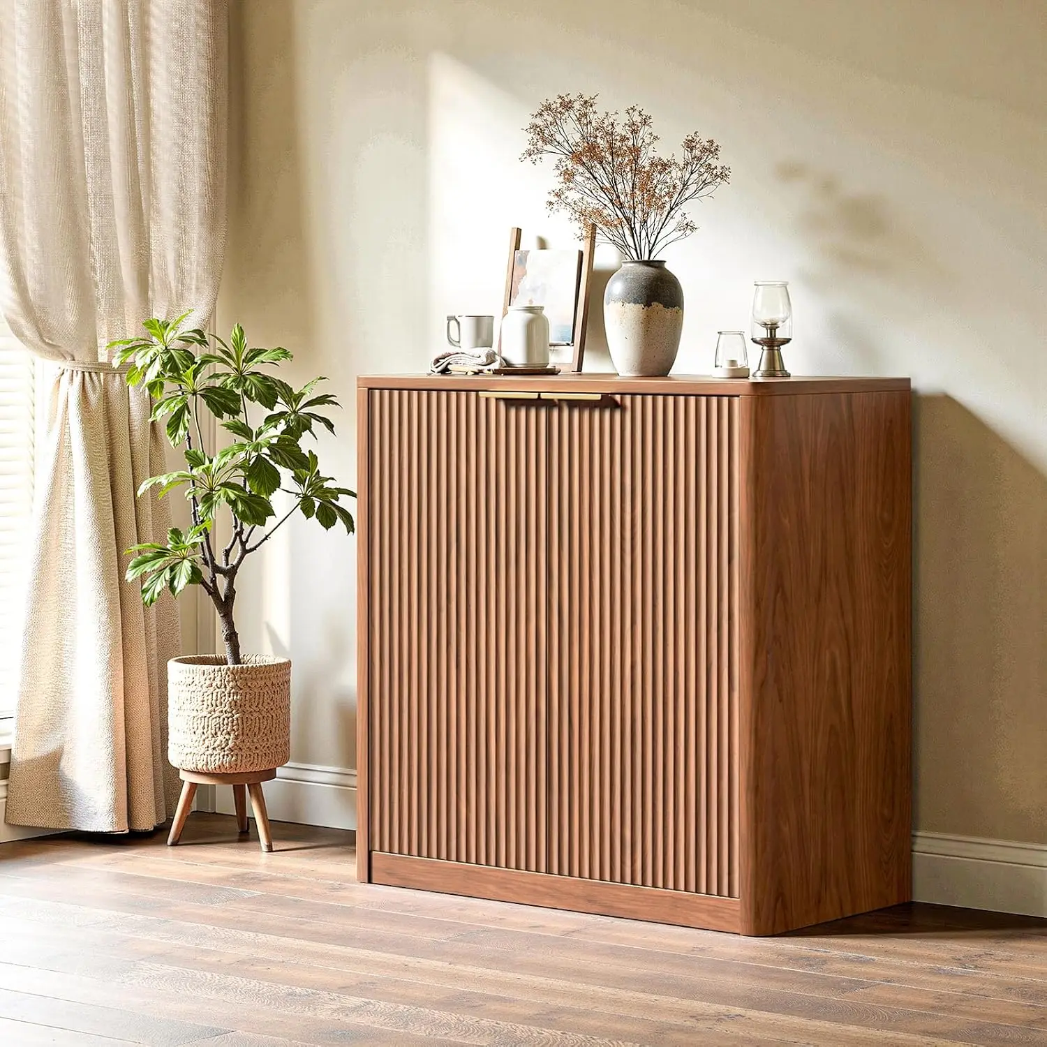 

31 5 Walnut Buffet Cabinet with Storage Small Sideboard Cabinet Mid Century Modern Accent Credenza Fluted Console Table