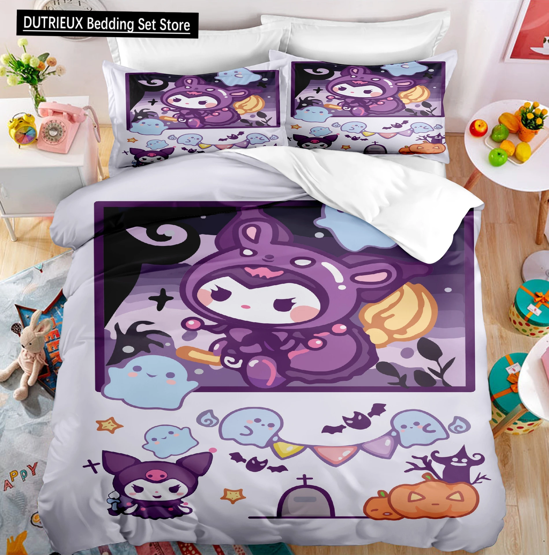 

Miniso Sanrio Kuromi Series Cute Bed Set Quilt Cover Pillowcase Children's Cartoon Bed Decoration Birthday Gift Three Piece Set