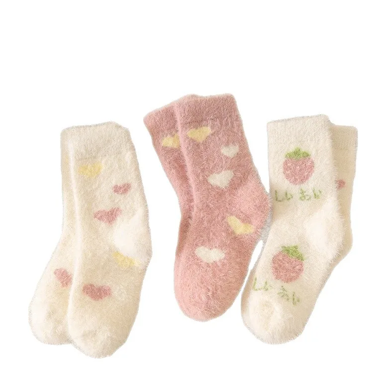 3 Pairs Kids Winter Thermal Socks Thick Fleece Lined Mink Fur Mid Calf Warm for Girls Cold