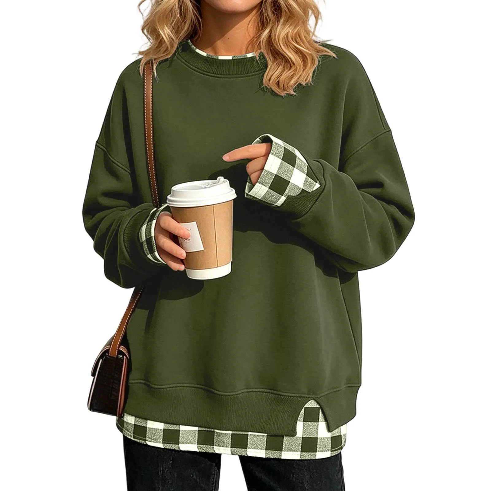 Women's Fake Two-Piece Oversize Sweatshirts With Plaid Hem Side Slit Long Sleeve Pullover Loose Fit Round Neck Sweatshirts Tops