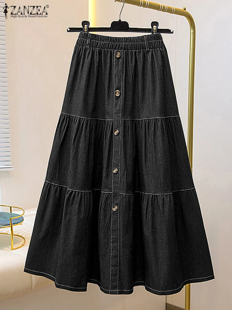 

ZANZEA Fashion Women Autumn Casual Denim Blue Skirts Vintage Ruffles Overskirts Holiday Jupe Elastic Waist Solid A-line Skirt