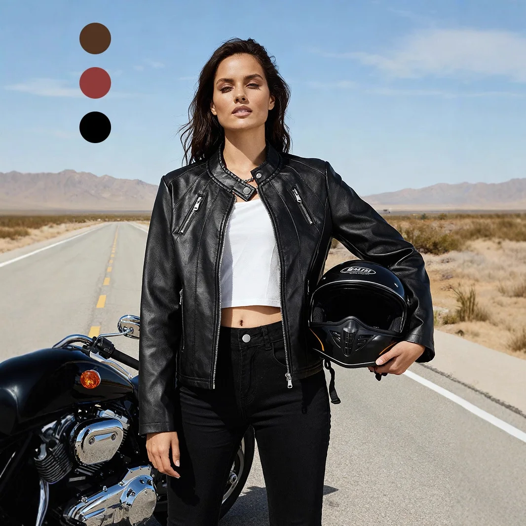 

NEW 2026 Spring New Leather Jacket Slim Fit Stand Collar Elegant Casual Outerwear Short CoatWomen's Motorcycle Jacket