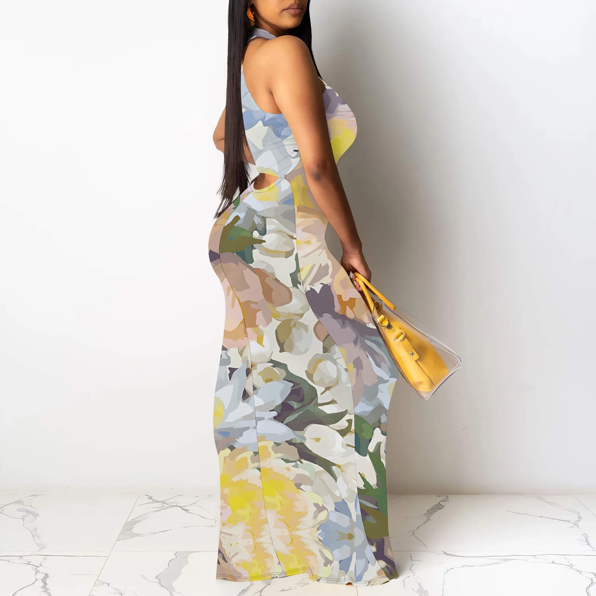 Sleeveless Maxi Dress Oversized Floral Abstract Oil Painting Print Elegant Chic Summer Beachwear