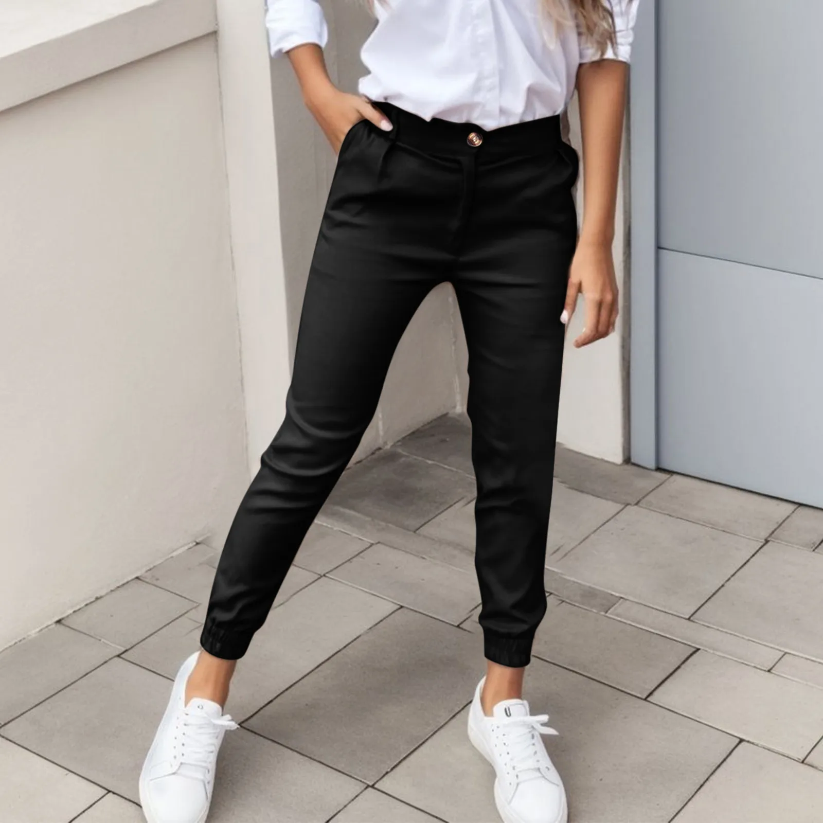 

Women Black Skinny Workout Pants High Waist Pants Fitness Pockets Button Zip Pocket Trousers Cropped Pants Bottoms Drawstrings