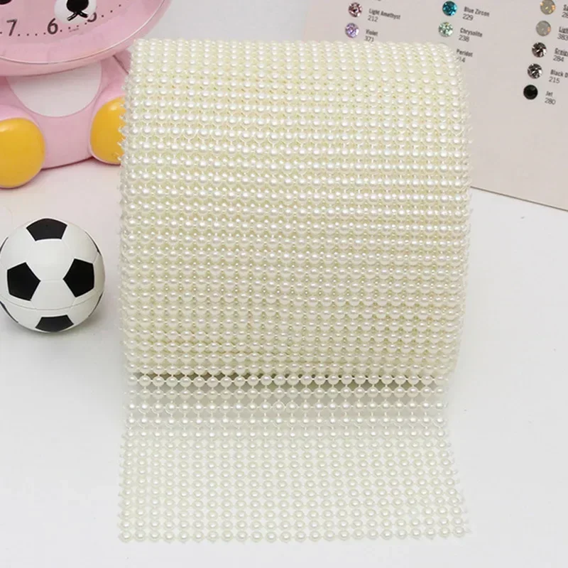 1 Yard 24 Rows 4mm Pearl Mesh Ribbon Wrap Roll Acrylic Bead Pearl Trim for Wedding Party Cake Vase Bridal Shower Decorations