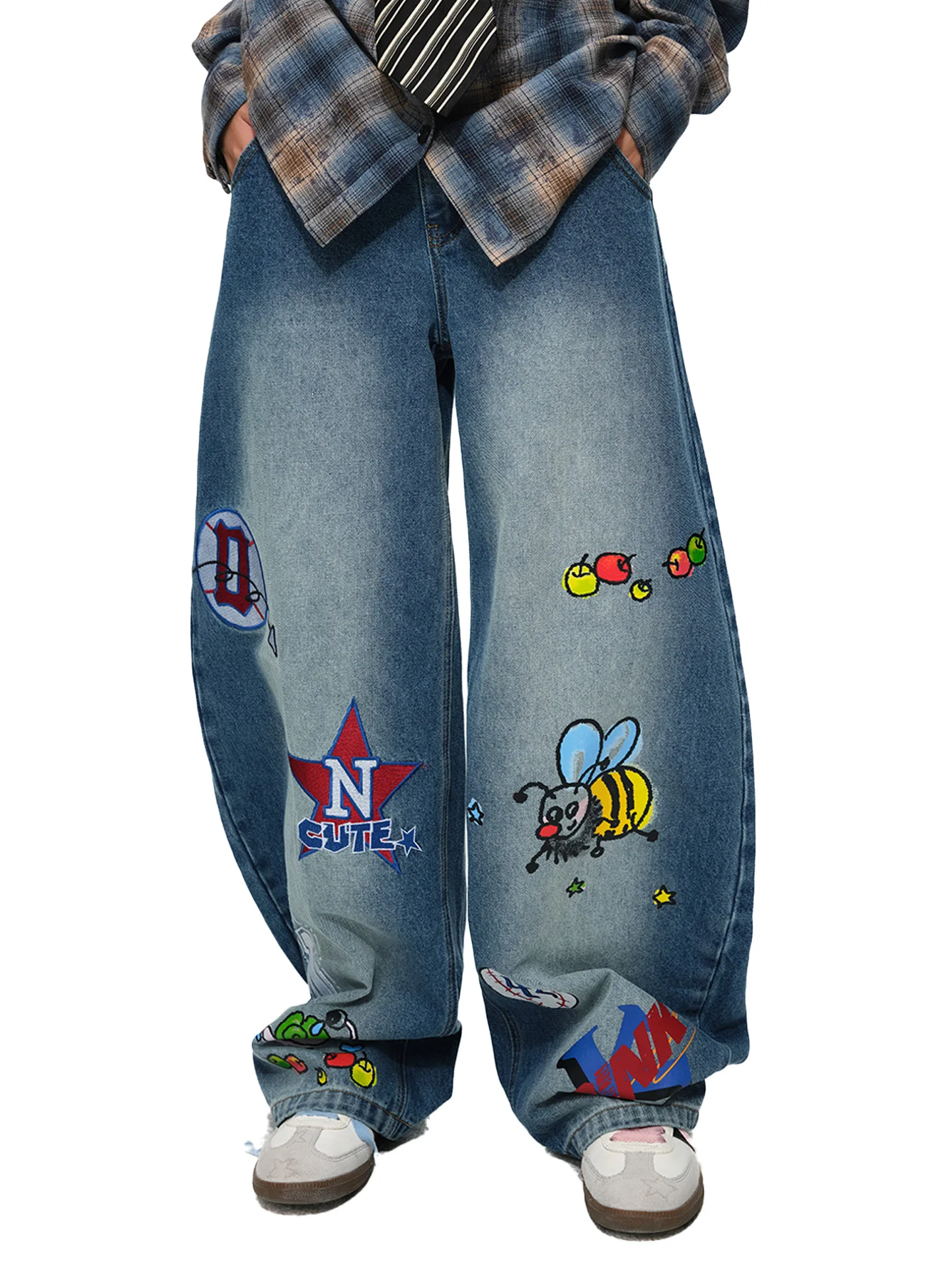 

Blue Embroidered Bee Loose Wide Leg Jeans American Sle Loose Fit Cotton Denim Pants Youth Casual Trousers Oink Oink Brand