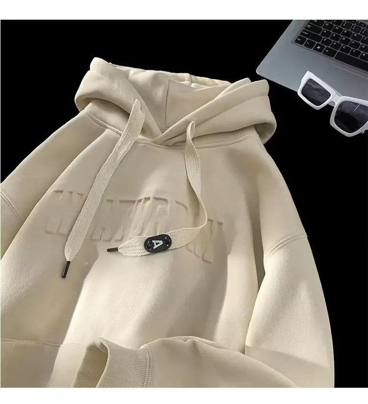 American heavyweight hoodie men's autumn and winter 2024 youth plus plush thick top letter steel print hooded jacket