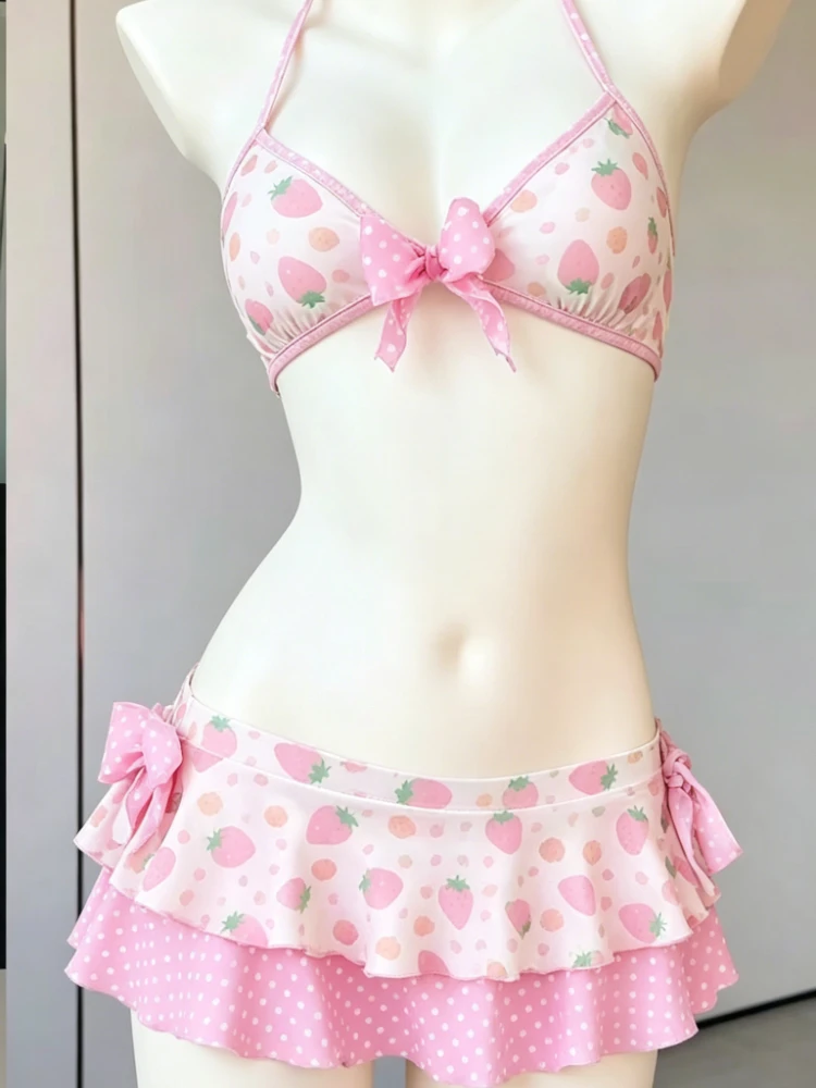 Daily Summer Swimwear Kawaii Harajuku Women Halter Soft Ruffle Two Piece Printed Bikini