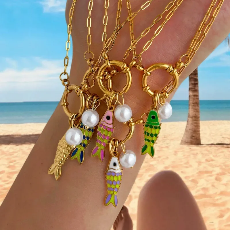 Colorful Enamel Little Fish Necklace Titanium Steel Women's Jewelry Pendant Drop Shipping Wholesale Customized Sea Series Cro...