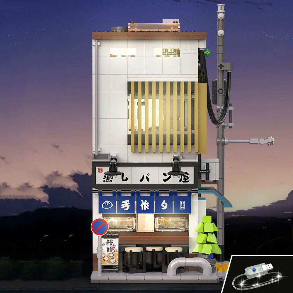 

Japan Street View Building Block Japanese Steamed Stuffed Bun Shop Model City Streetscape Bricks Assembly Toys With Light
