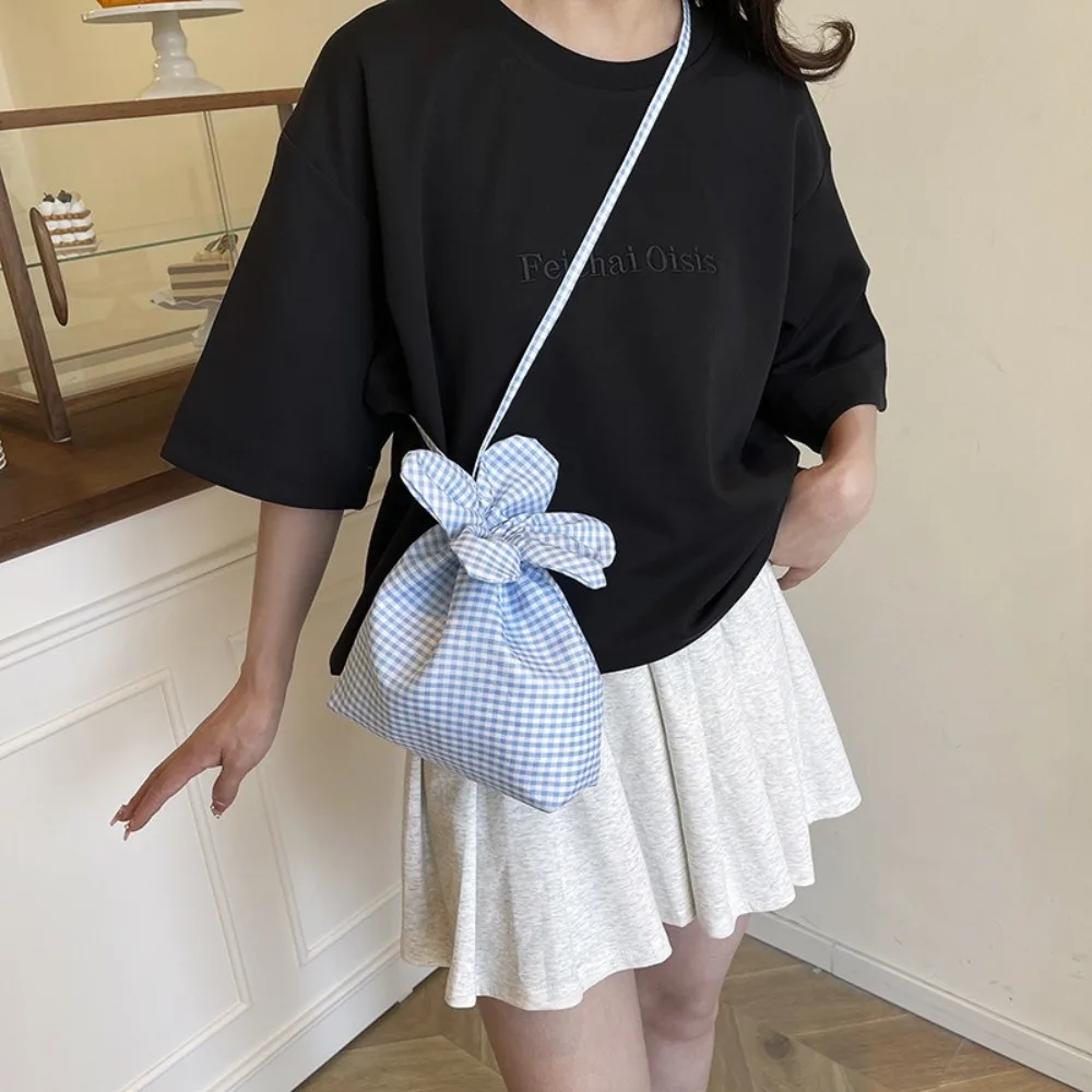 

Casual Korean Style Plaid Drawstring Bag Printing Bundle Pocket Small Crossbody Bag Storage Bag Canvas Shoulder Bags Girl