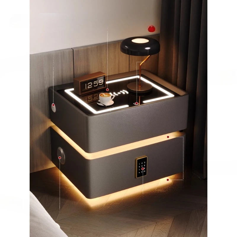 

Smart bedside table light luxury high-end solid wood with lamp modern bedroom with lock small cabinet