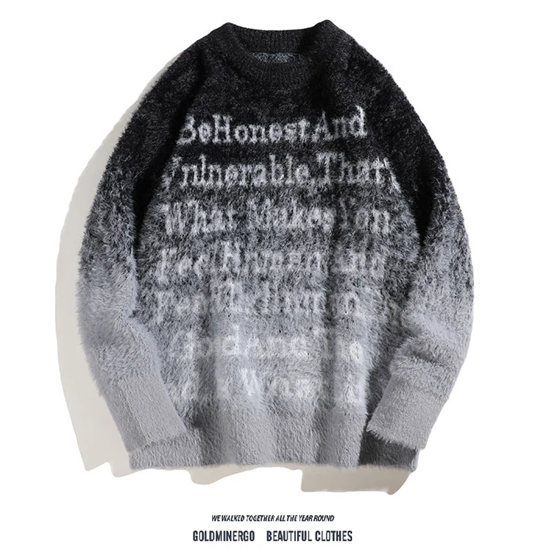 

Men's Hip Hop adient Letter round Ne Knitted Sweater Loose Casual Sle Polyester Fiber Winter Warm Long Sve Top