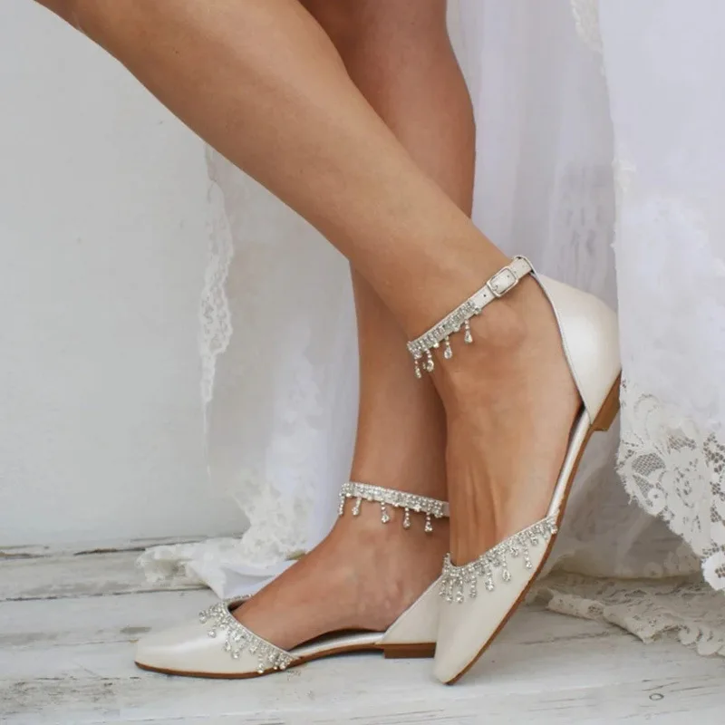Flat Shoes Fringed Rhinestone Sexy Wedding Shoes European and American Hollow One-word Belt Women's Shoes