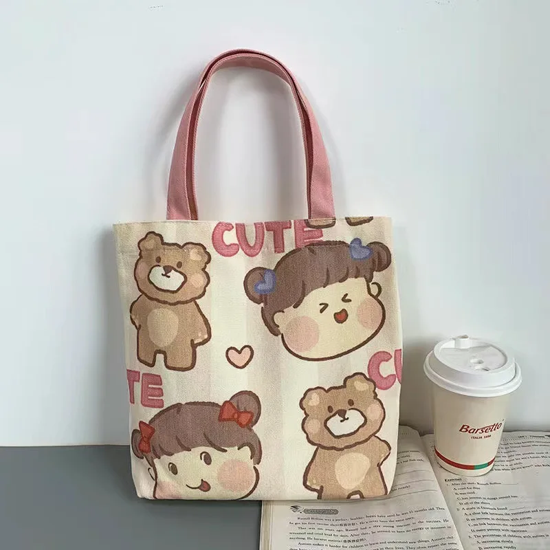 Cute Cartoon Print Canvas Bag for Women's Lightweight Shoulder Bag Versatile Shopping Bag Holder Fashion Tote Bag Girls Handbag