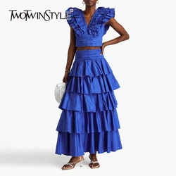 TWOTWINSTYLE Solid Casual Two Piece Set For Women V Neck Butterfly Sleeve Top High Waist A Line Skirt Elegant Sets Female New