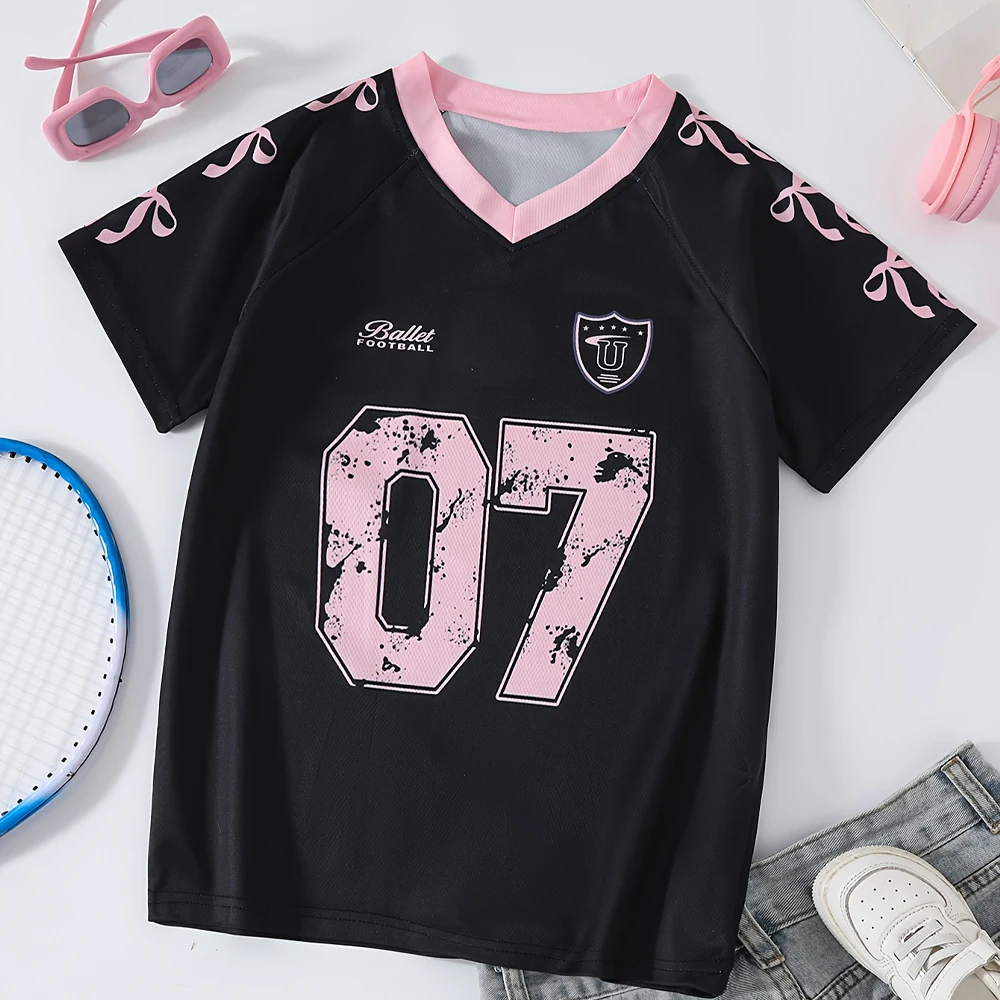 

Color-Blocked Printed T-Shirt No. 7 Jersey Summer Lightweight Women's Jersey Breathable Quick-Dry Women's Sportswear V-Neck Tops