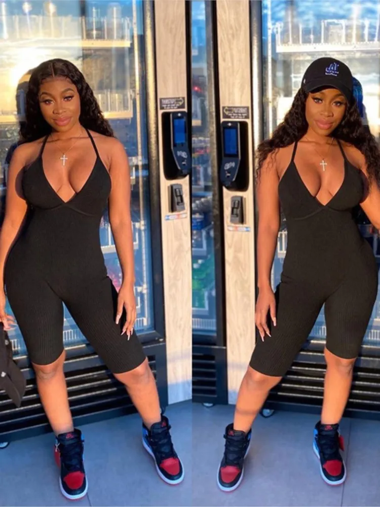 Sexy Romper Jumpsuit Woman Clothes  Fitness Hang Band Backless V-Neck Ribbed Bodysuit Summer Female Jumpsuits Overalls For Women