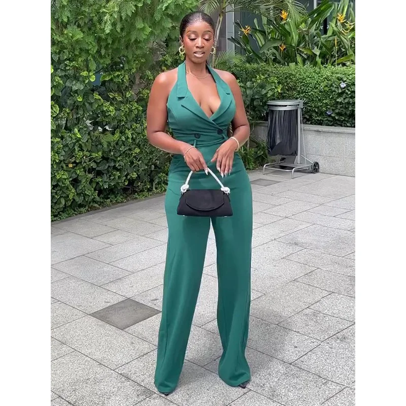 In Stock European and American Women's Clothing2024Summer New Halter Backless High Waist Pocket Casual Jumpsuit Women's Trousers