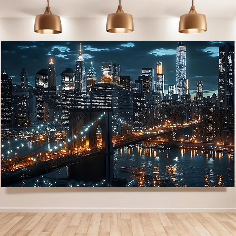1 peça bandeira de poliéster Brooklyn Bridge Night View - uma decoração de parede de paisagem urbana vibrante, uma paisagem urbana vibrante