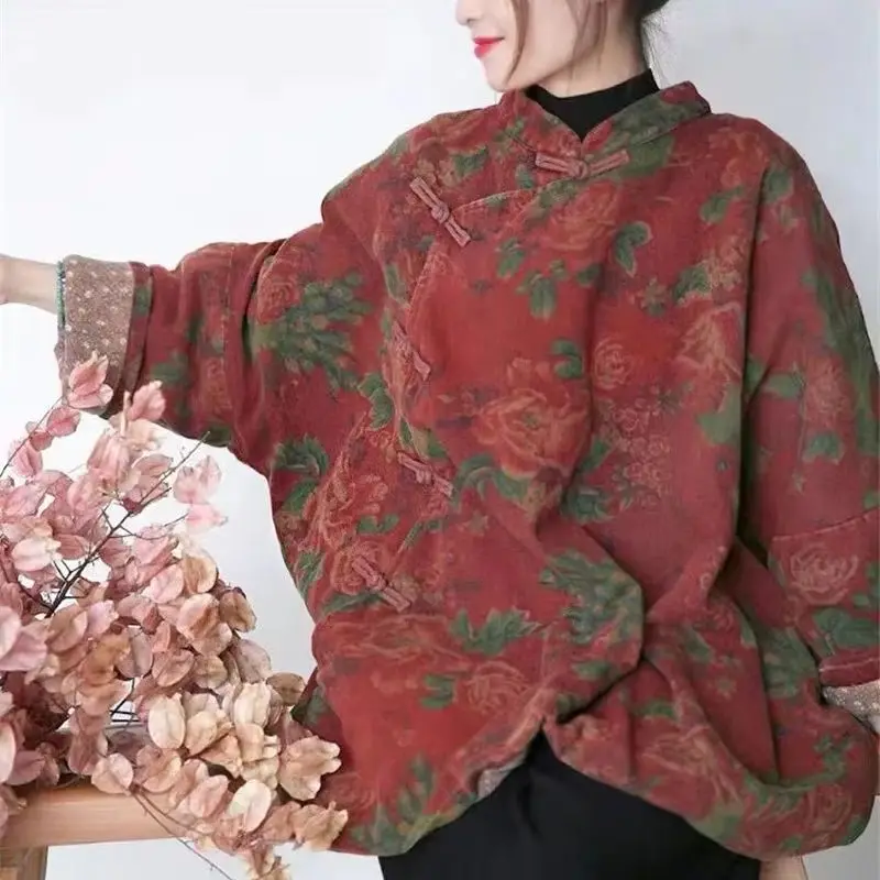 Limiguyue Ethnic Style Twill Cotton Jacket Winter Retro Flower Printed Cotton Coat Women Hemp Cotton Loose Clothing Chinese F685