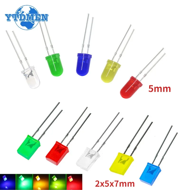 100PCS 3mm LED Diode 5mm Super Bright LED Emitting Diodes Assortment Set 2x5x7mm White Red Green Blue Yellow DIY Electronic Kit
