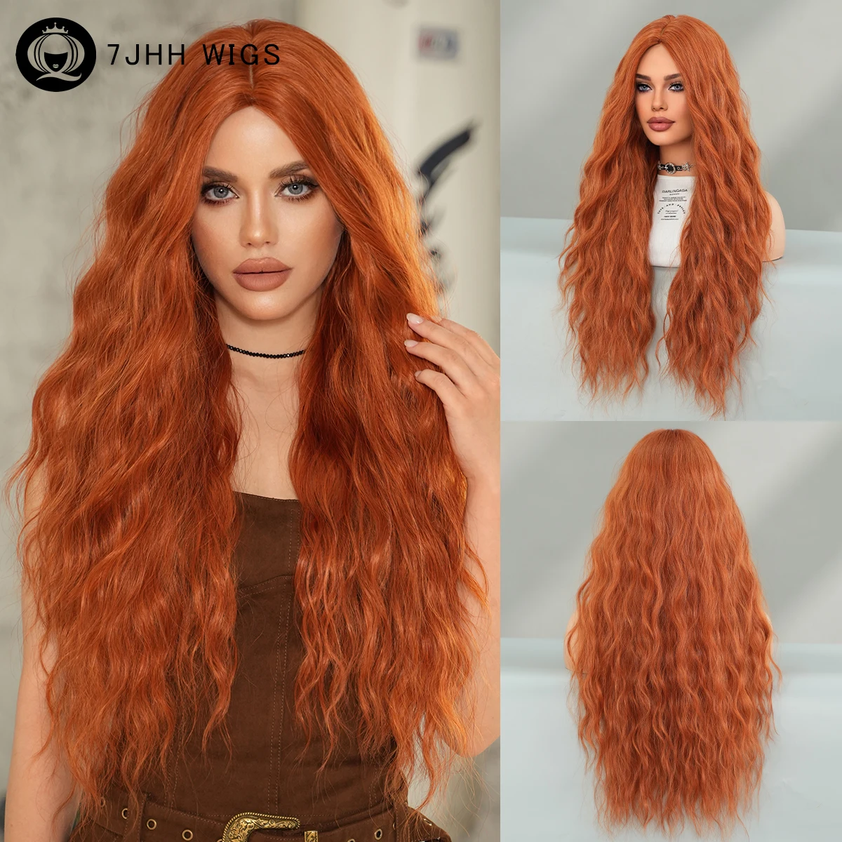 Long Curly Wave Orange Wig for Women Daily Party High Density Synthetic Middle Part Ginger Hair Wigs Halloween Cosplay Dress Wig