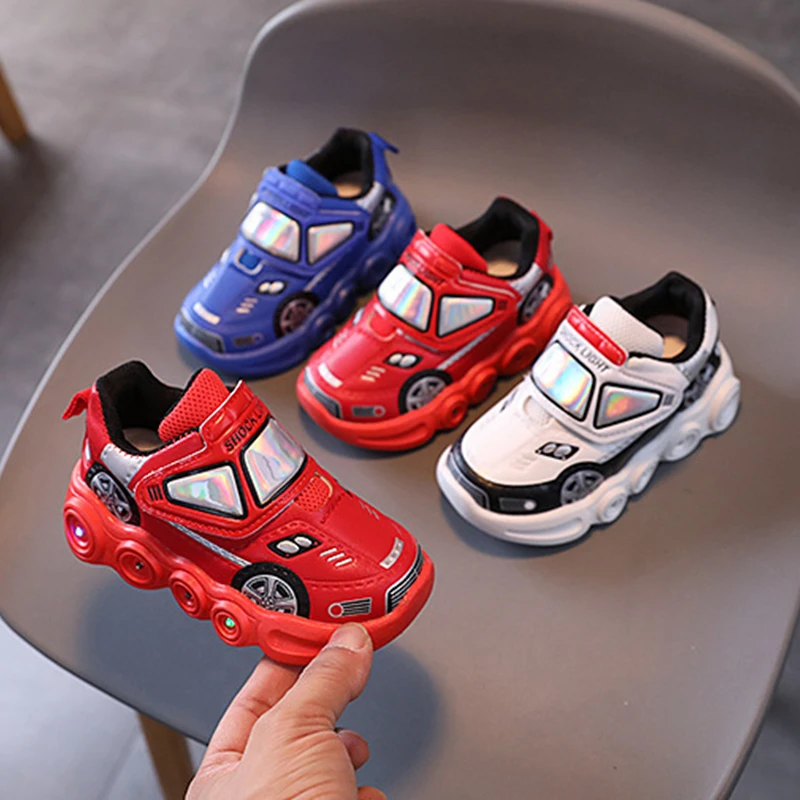 Children Glowing Sneakers Kids Luminous Sneakers Cartoon Car-Themed Boy Girl Led Light Shoes Toddler Outdoor Casual Shoes 1-6T