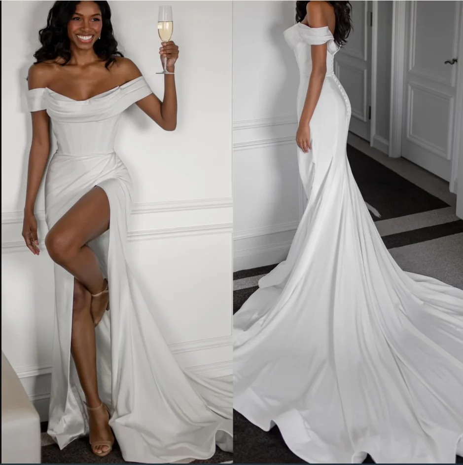 

Сказочное свадебное платье русалки с открытыми плечами, свадебные платья в стиле кантри, свадебные платья с открытой спиной и разрезом в стиле бохо, атласное платье невесты