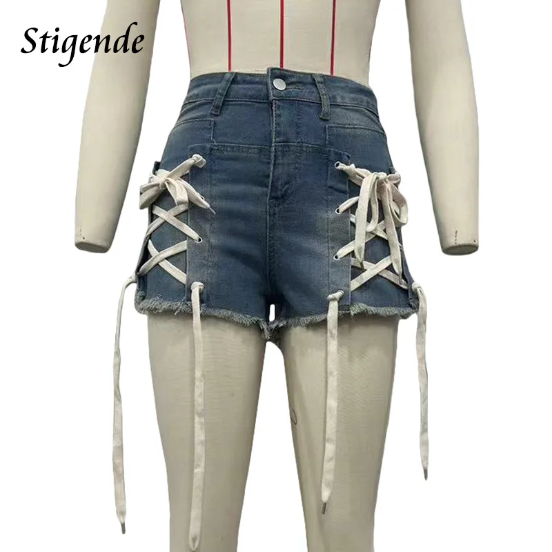 Stigende Patchwork Lace Up Shorts Jeans Women Sexy Washed Bandage Denim Shorts