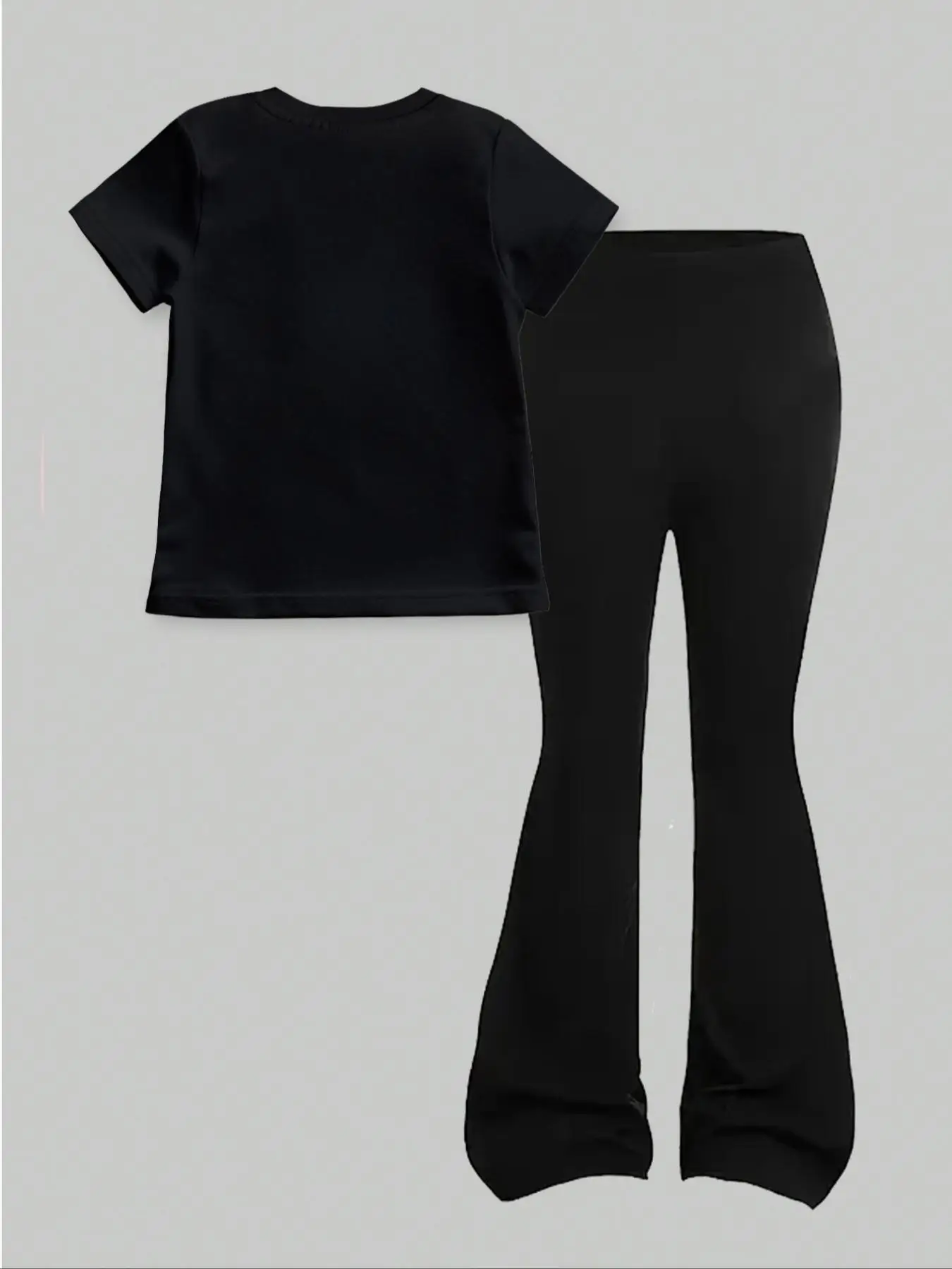 Girls' Casual Short-Sleeve Set: Regular Short-Sleeve Top + Black Flared Pants Two-Piece Set with 67 Number + Six Seven Print, Fashionable and Trendy, Suitable for Girls Aged 4-12, Versatile Clothing