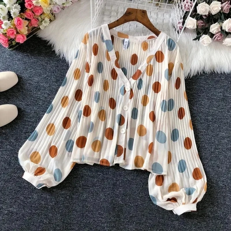 Polka Dot Casual V-Neck Chiffon Single Breasted Lantern Sleeve Folds Women's Blouse Shirt Female Clothing Tops 2024 Fashion