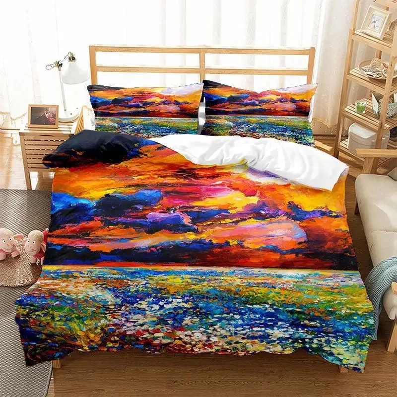 Oil Painting Landscape Duvet Cover King Queen Size Seaside Sunset Colorful Painted Style Art Print Polyester Comforter Cover