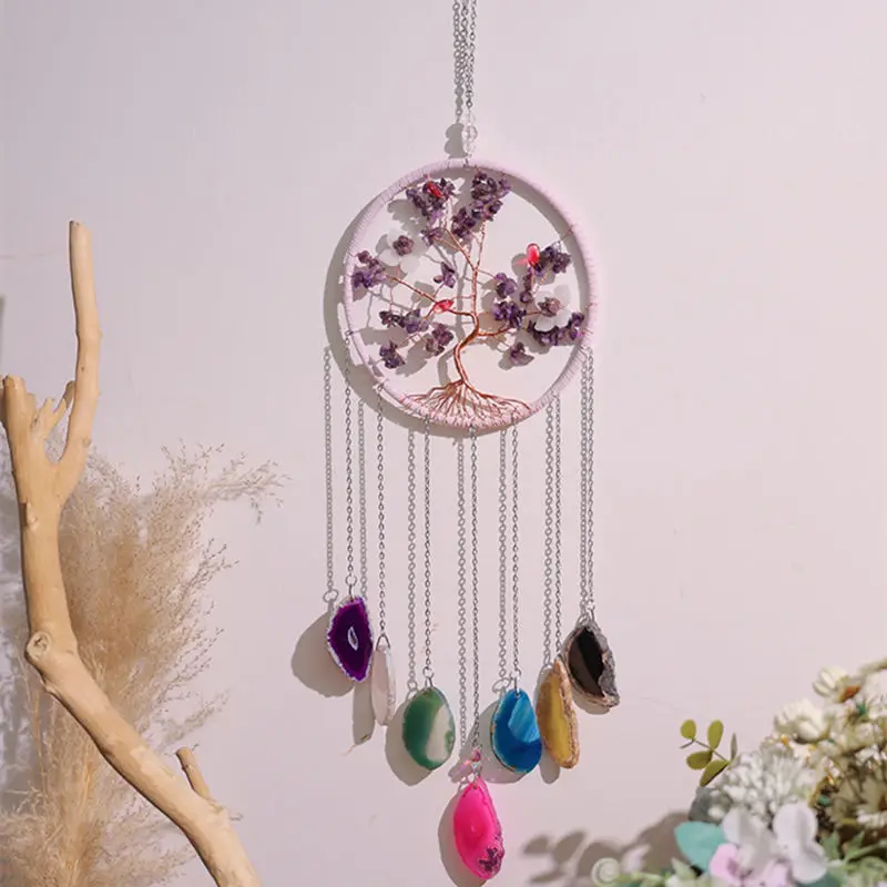 

Crystal Gem Dream Catchers Agates Slices 7 Chakra Gemstone Stones Hanging Tree of Life Amethyst Suncatcher Meditation Home Decor