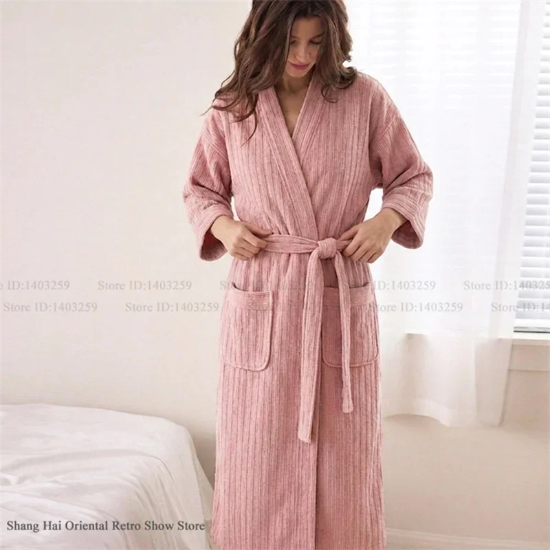 Women Pink Striped Waffle Knit Bath Robe V Neck Three Quarter Sleeve Self Tie Belt Long Dressing Gown with Pockets Soft Loungewe