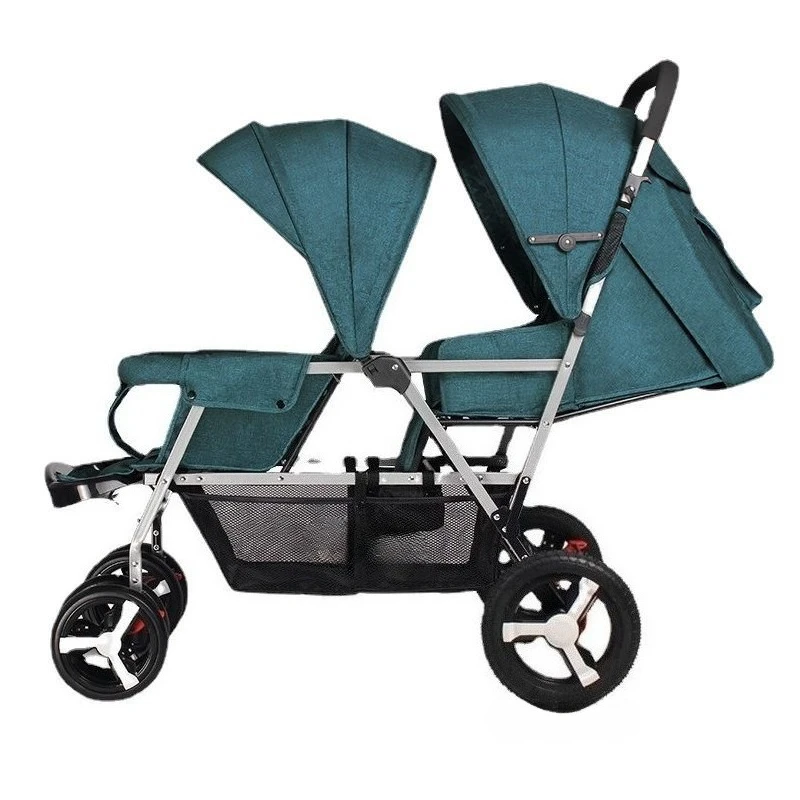 Cochecito doble con asiento trasero delantero, cochecito de bebé doble plegable y ligero para dos niños, cochecito para niños pequeños sentado o tumbado