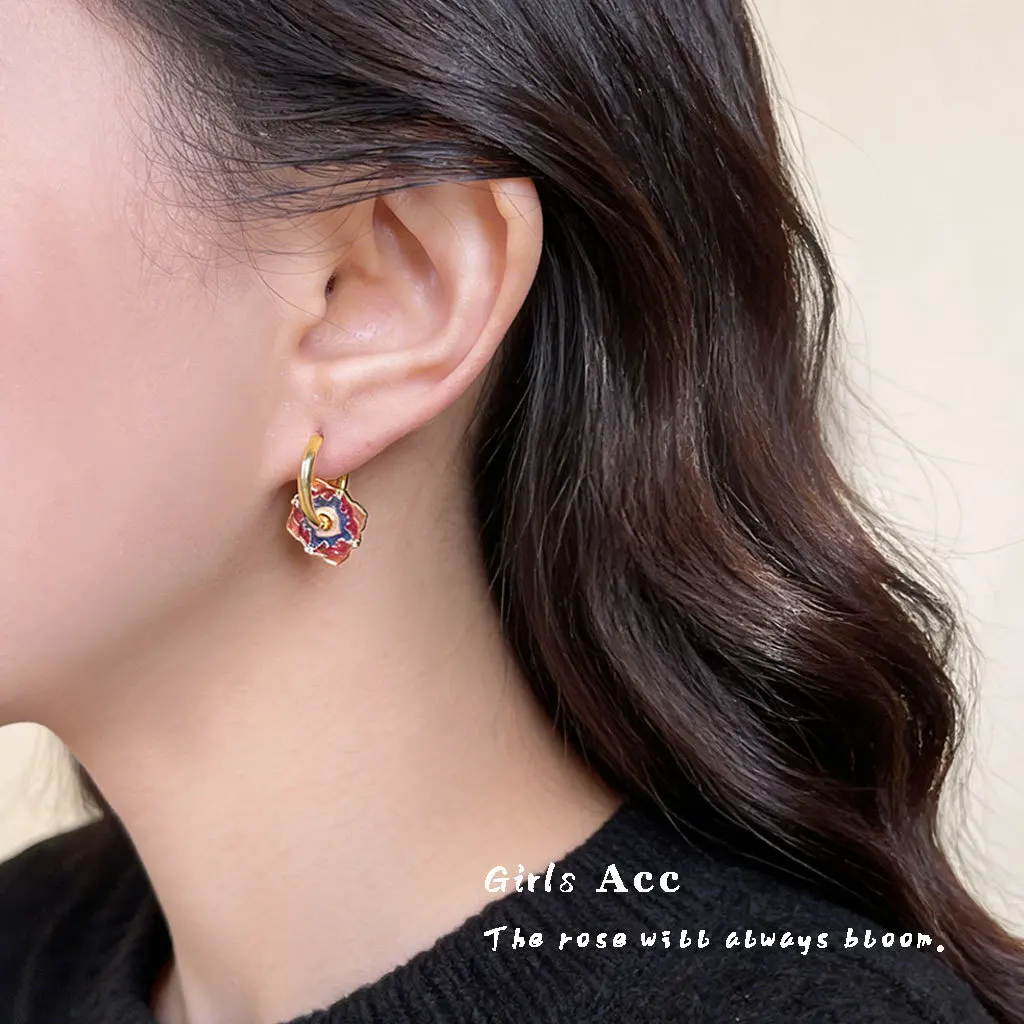 Chinese Style Pattern Enamel Drop Glaze Ear Buckles Women Vintage Artistic High-end Sense New Chinese Style Earrings Wholesale