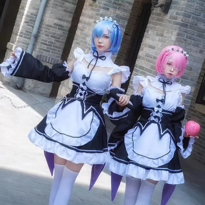 2025 NewAnime Ram Rem Lolita Maid Cosplay Vestido Re:zero Kara Hajimeru Isekai Seikatsu Halloween Costumes for Women AA