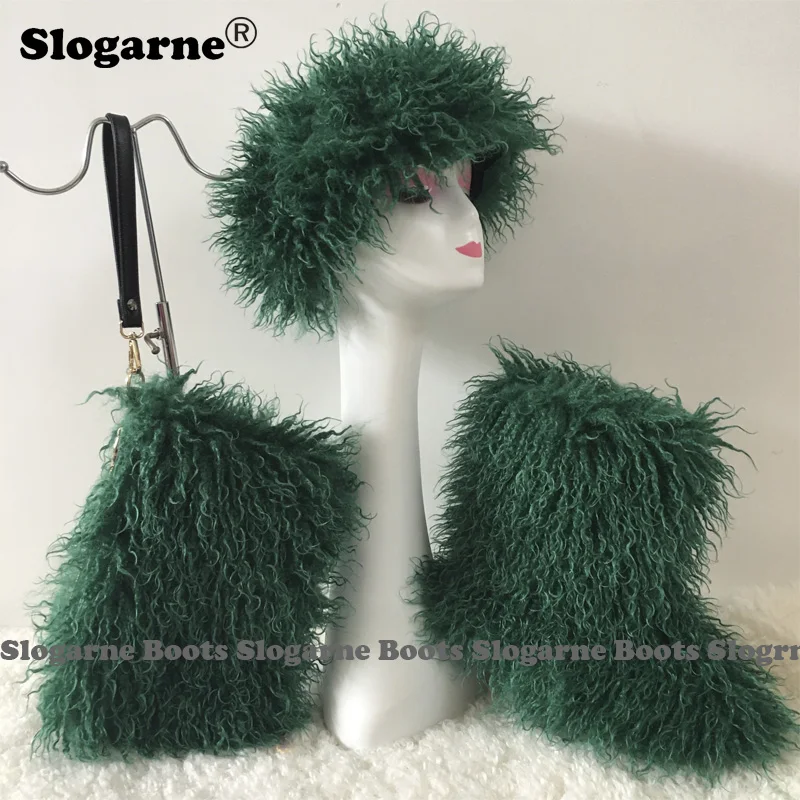 2025 Women\'s New Faux Fur Boots Fur Bag Cap Winter Fashion Fur Purse Girls\' Luxury Furry Snow Boots Warm Shoes Fluffy Headband