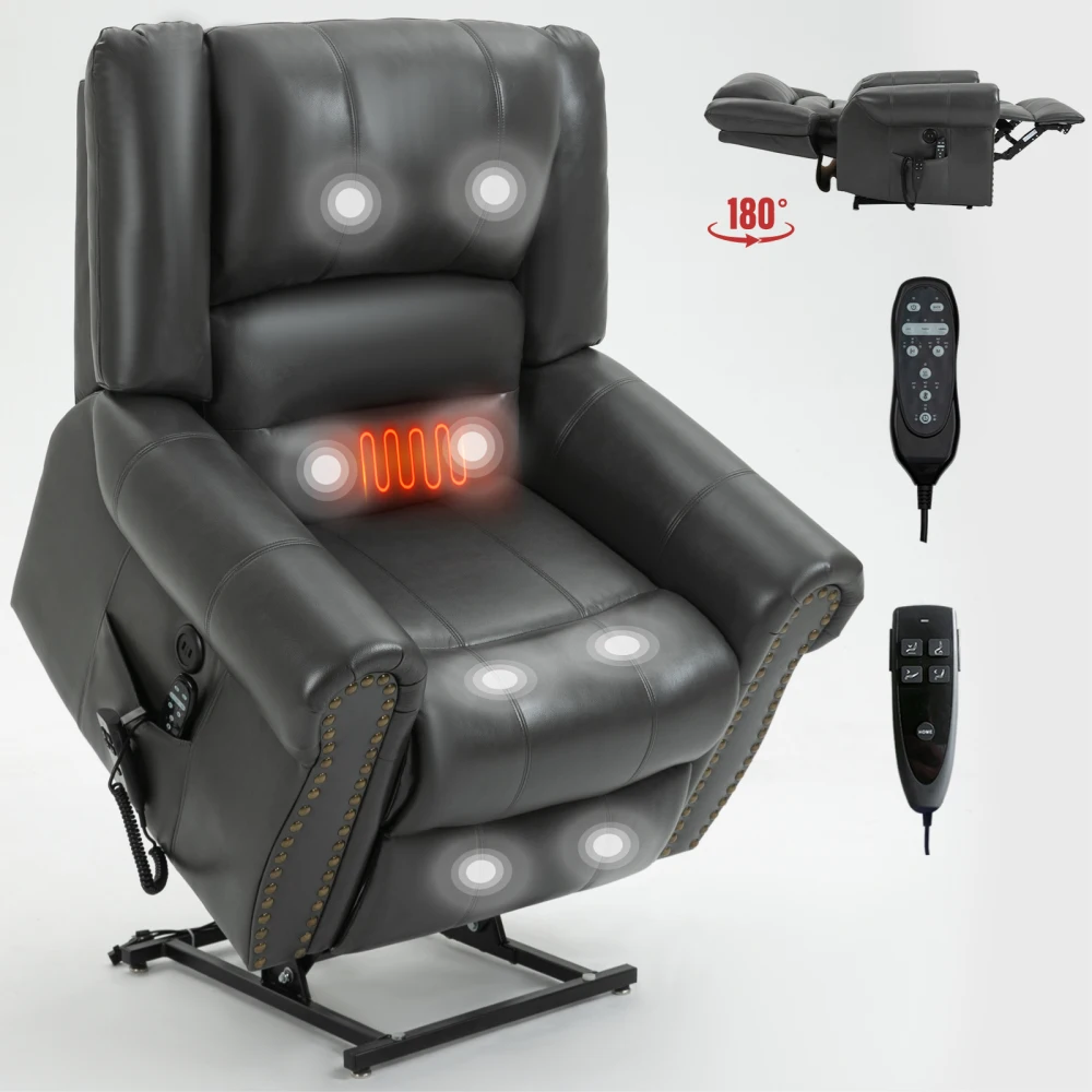 Power Lift Recliner Chair Heat Massage Dual Motor Infinite Position Up To 350 LBS, Faux Leather, Motion Mechanism with USB Ports