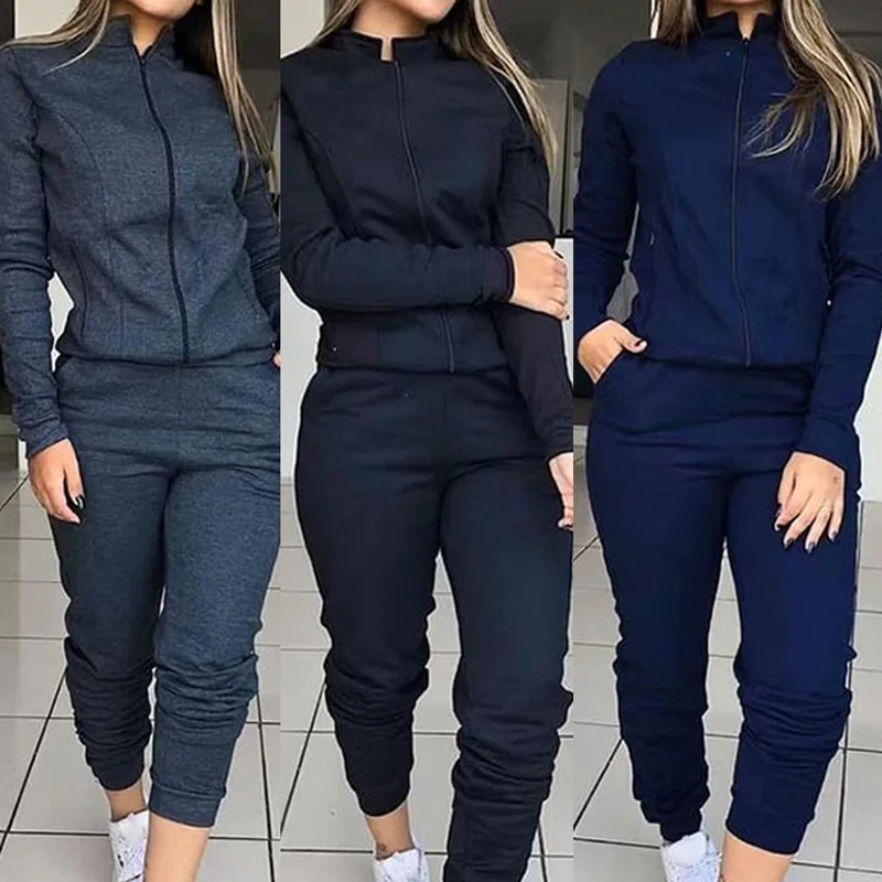 Women Pant Sets Pocket Long Pants Solid Casual Spliced Zipper Stand Collar Coats Full Sleeve Jackets Outwear Lady Regular