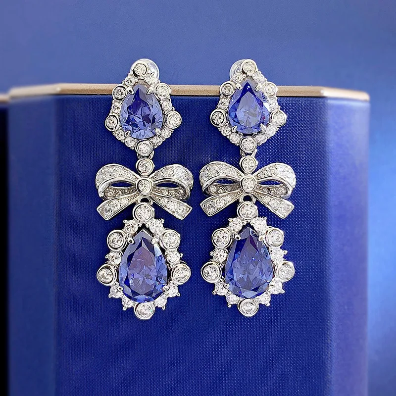 2022 new fashion drop-shaped tanzanite blue earrings for women 8*12 imitation sapphire European and American long