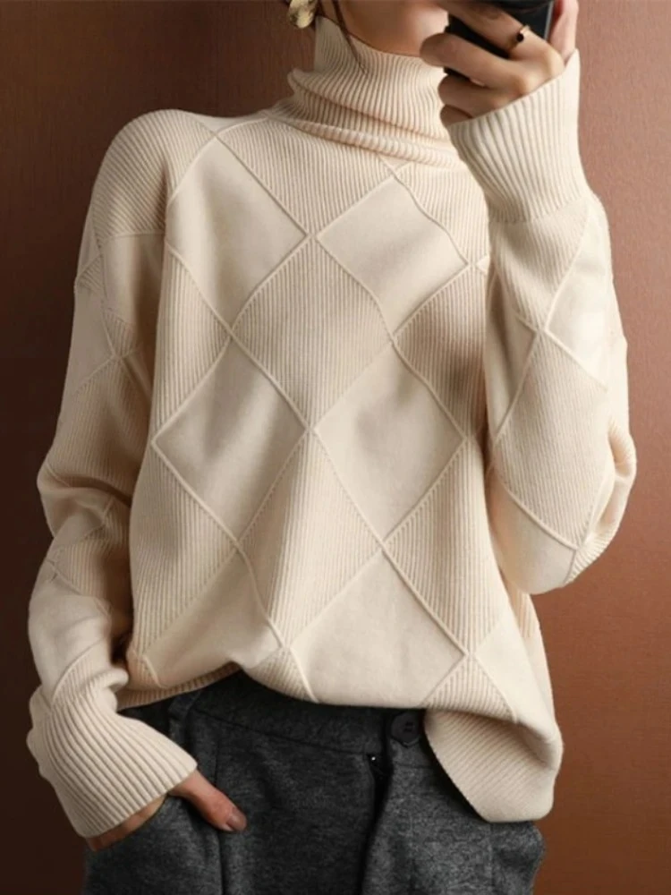 

Loose Lazy Wind Knitted Bottoming Shirt Pullovers Tops Jumper Turtleneck Sweater Autumn Winter Diamond Solid Color Warm Pullover