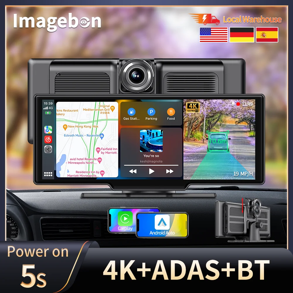 

10.26" Dash Cam Rearview Camera Wifi Carplay & Android Auto 4K DVR GPS Navigation Video Recorder AUX Dashboard Dual Len 24H Park