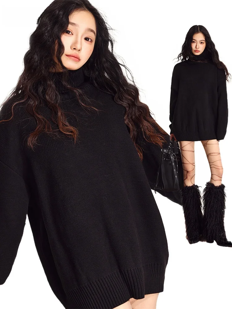 Loose High Collar Sweater for Women Autumn Spring Middleng Length Overhead Knitted Top Black November Lazy Style Long Sleeve
