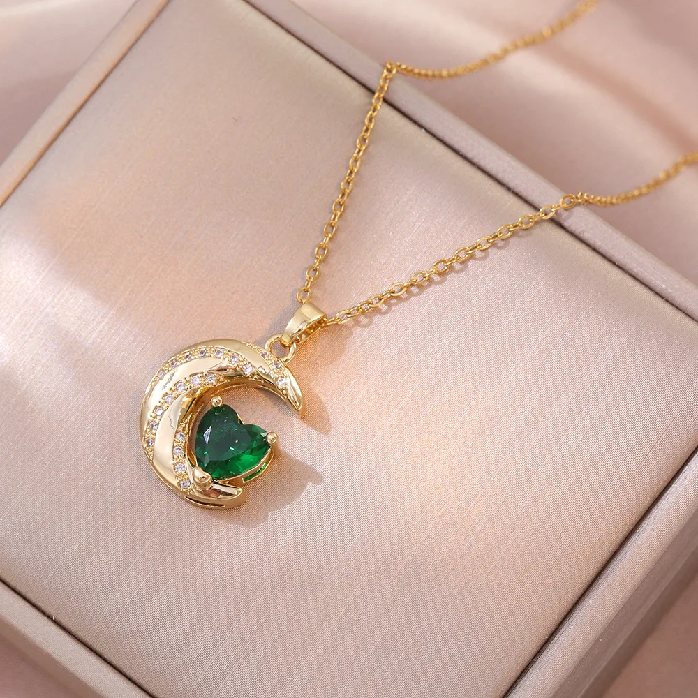 Fashion Simple Love Moon Emerald Pendant Necklaces for Women Girls Stainless Steel Trendy Romantic Jewelry Accessories Gifts