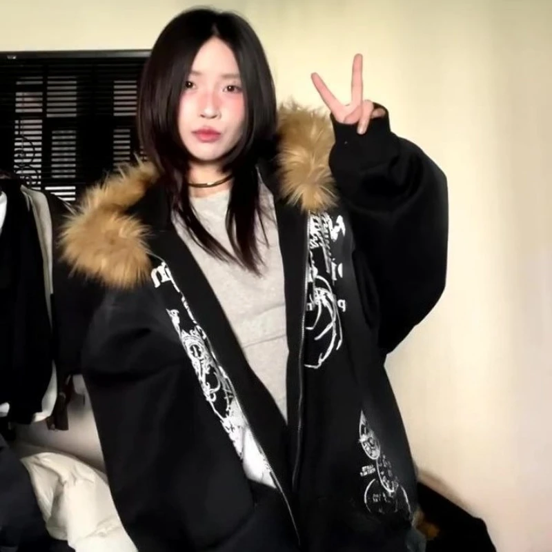 الأمريكية خمر الشرير معطف غير رسمي فو الفراء فضفاض لون نقي شارع العليا سحاب أكمام طويلة الكرتون إلكتروني نمط أبلى الخريف