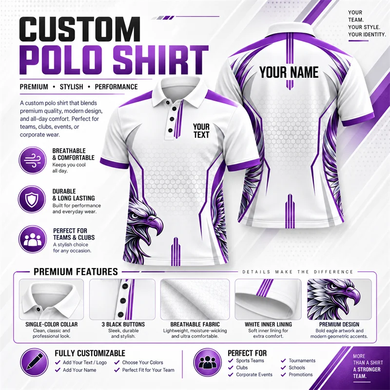 Custom Eagle Polo Shirt Personalized Name Text 3D Print Breathable Short Sleeve Men Women Fashion Top for Club Daily Wear Gift